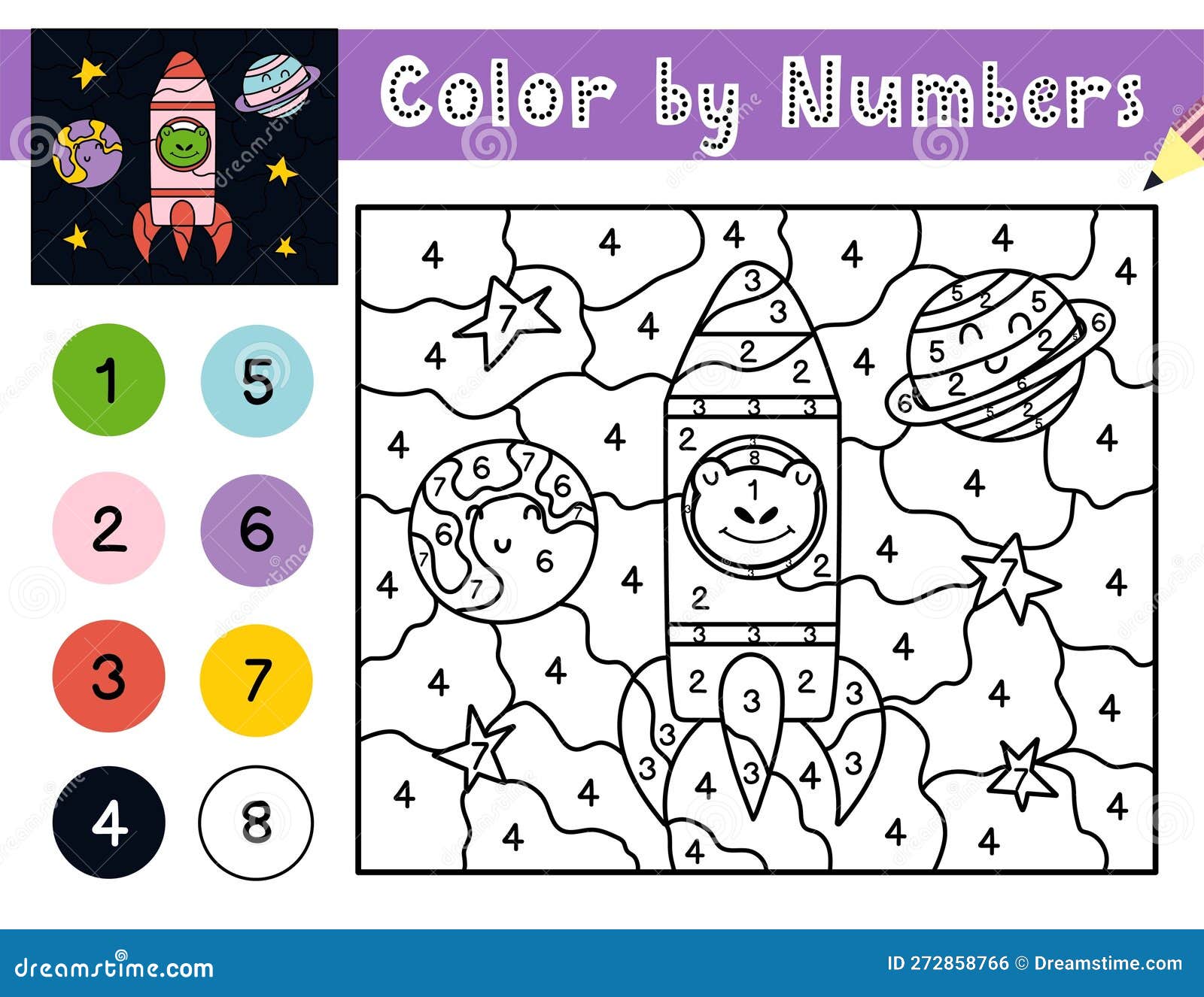 Color by numbers game for kids space coloring page with a frog in rocket stock vector