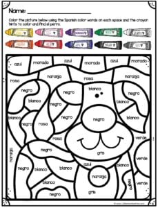 Free color by code spanish colors worksheet
