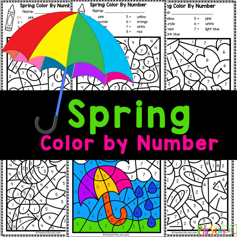 Free spring color by number printable worksheets for preschoolers