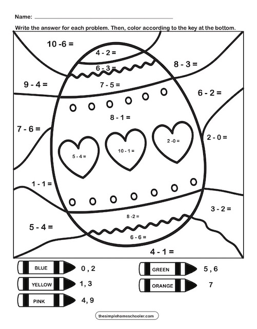 Free subtraction color by number worksheets easy print