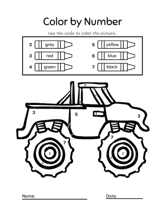 Color by number monster truck sheets