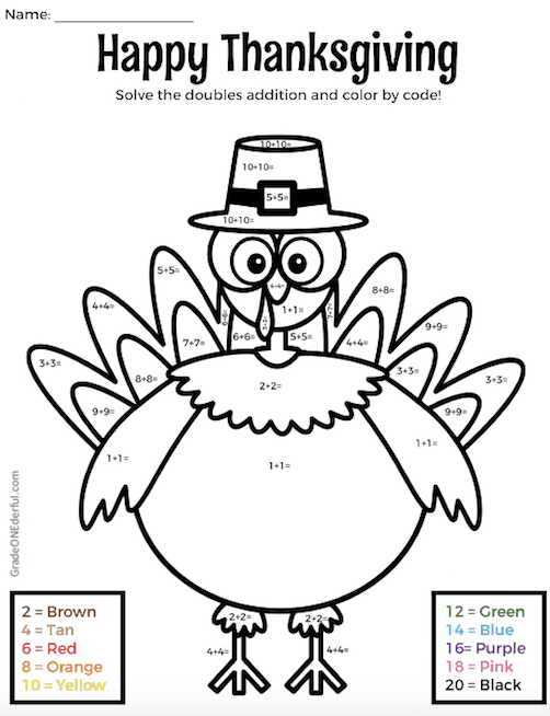 Color by number turkey doubles addition grade onederful
