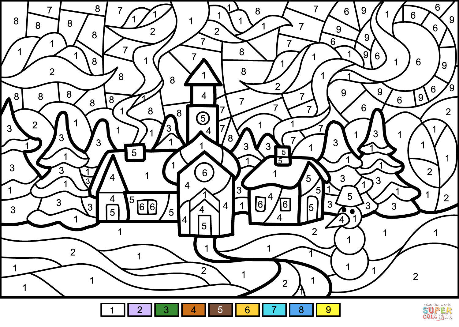 Winter town color by number free printable coloring pages