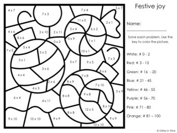 Christmas multiplication color by number coloring pages worksheets free