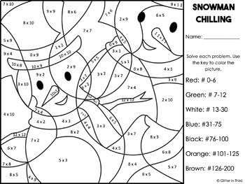 Winter multiplication coloring pages color by number activities free