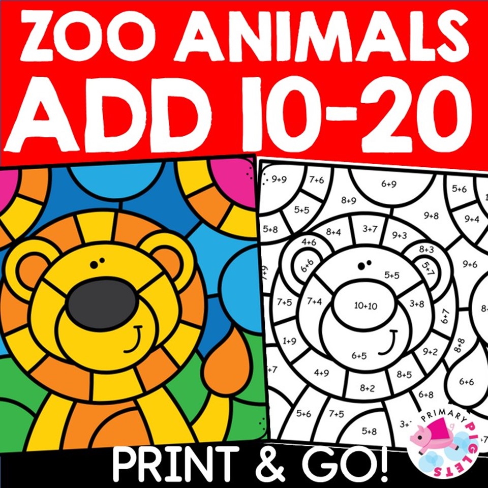 Zoo animals math coloring pages addition sums