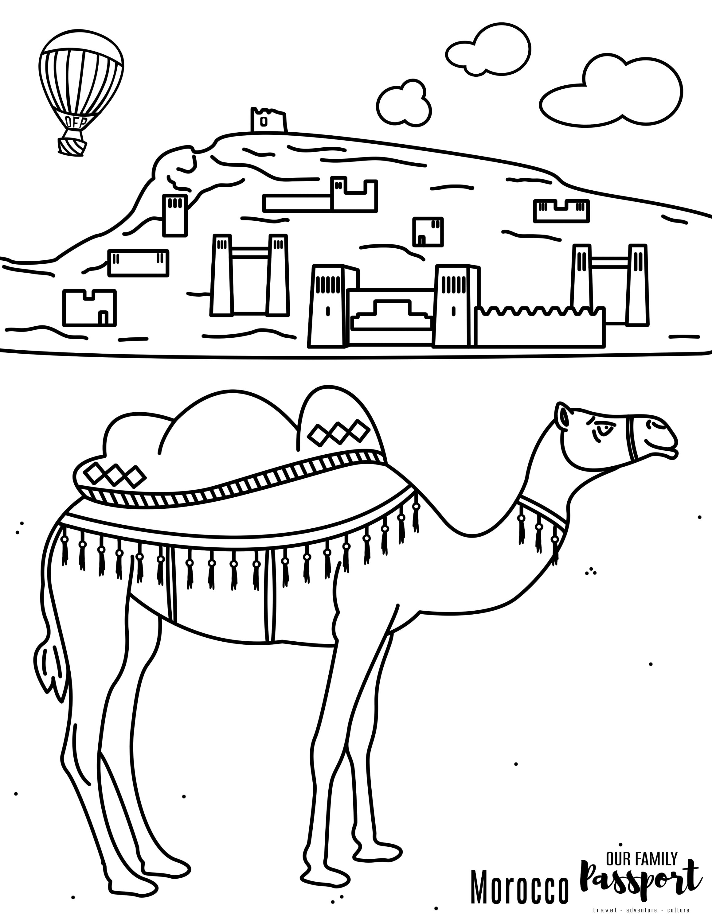 African desert coloring page digital and printable morocco coloring page camel coloring page for kids instant download