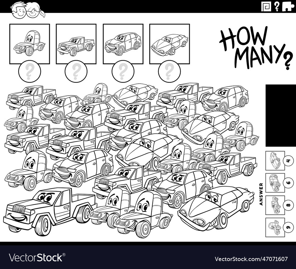 How many cartoon cars counting game coloring page vector image