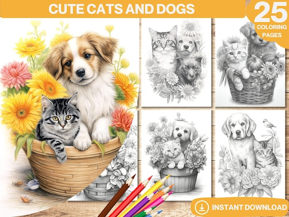 Cute cats and dogs coloring book printable pages digital grayscale animals colouring printable pdf for adults kids instant download