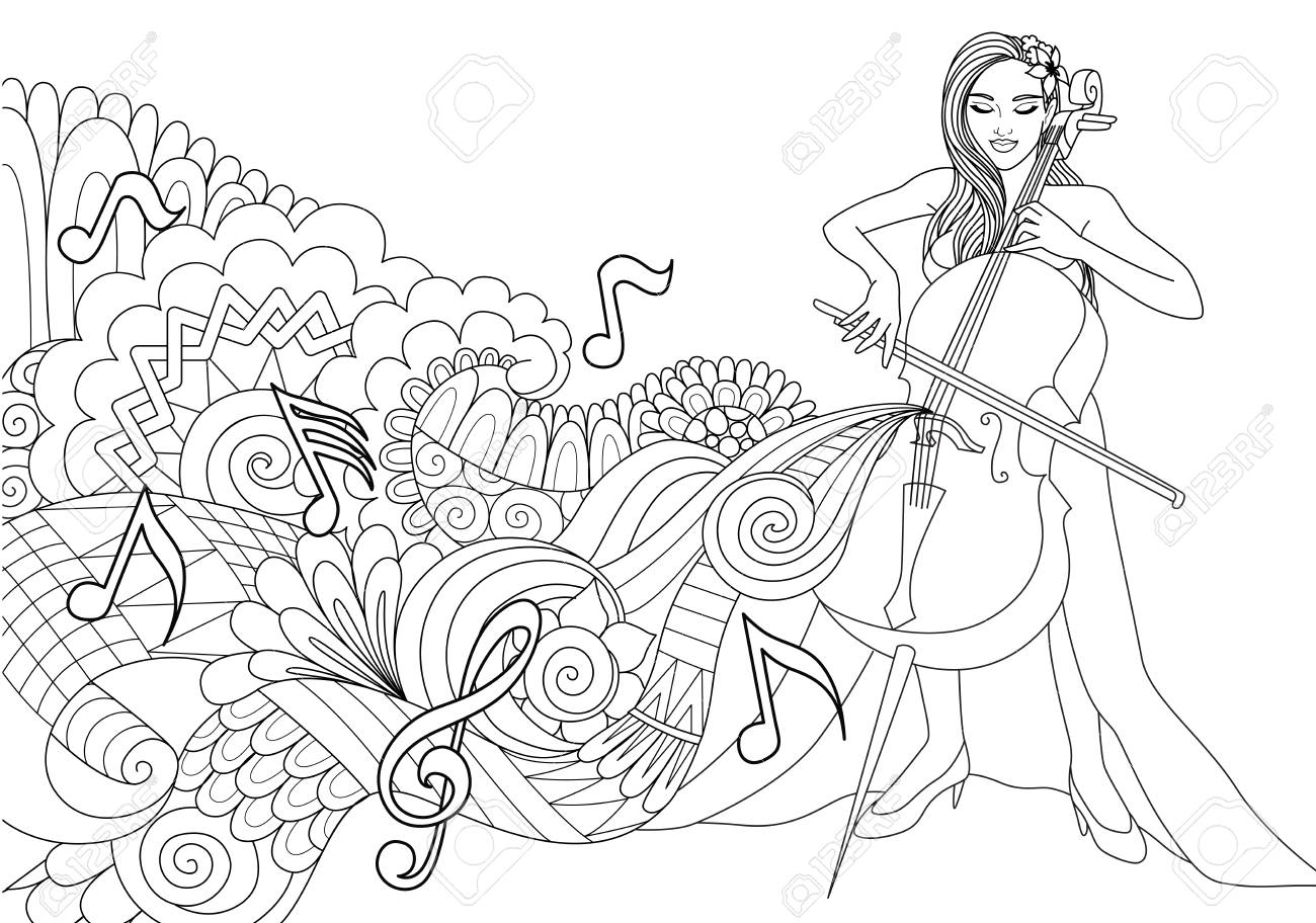 Beautiful girl playing cello with abstract music wave and notes for design element and coloring book page vector illustration royalty free svg cliparts vectors and stock illustration image