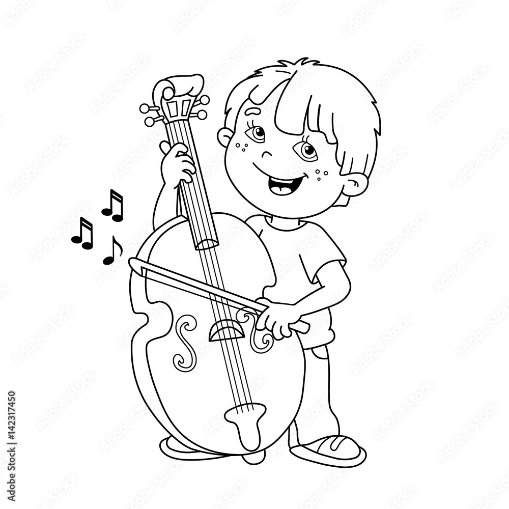 Coloring page outline of cartoon boy playing the cello musical instruments coloring book for kids vector