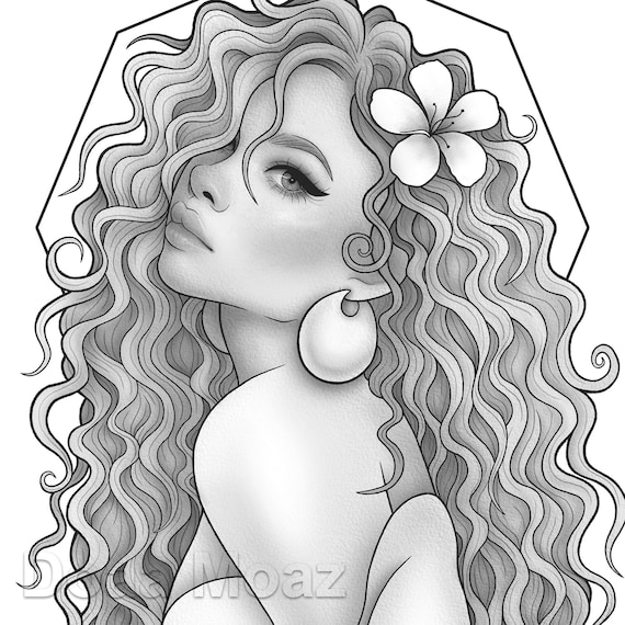 Printable coloring page fantasy character black girl portrait