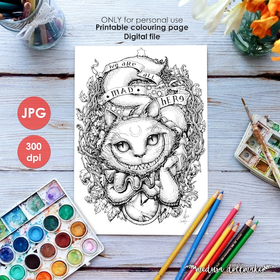 Cheshire cat colouring page printable coloring page adults children art nouveau lineart halloween alice wonderland paint medusa dollmaker instant download