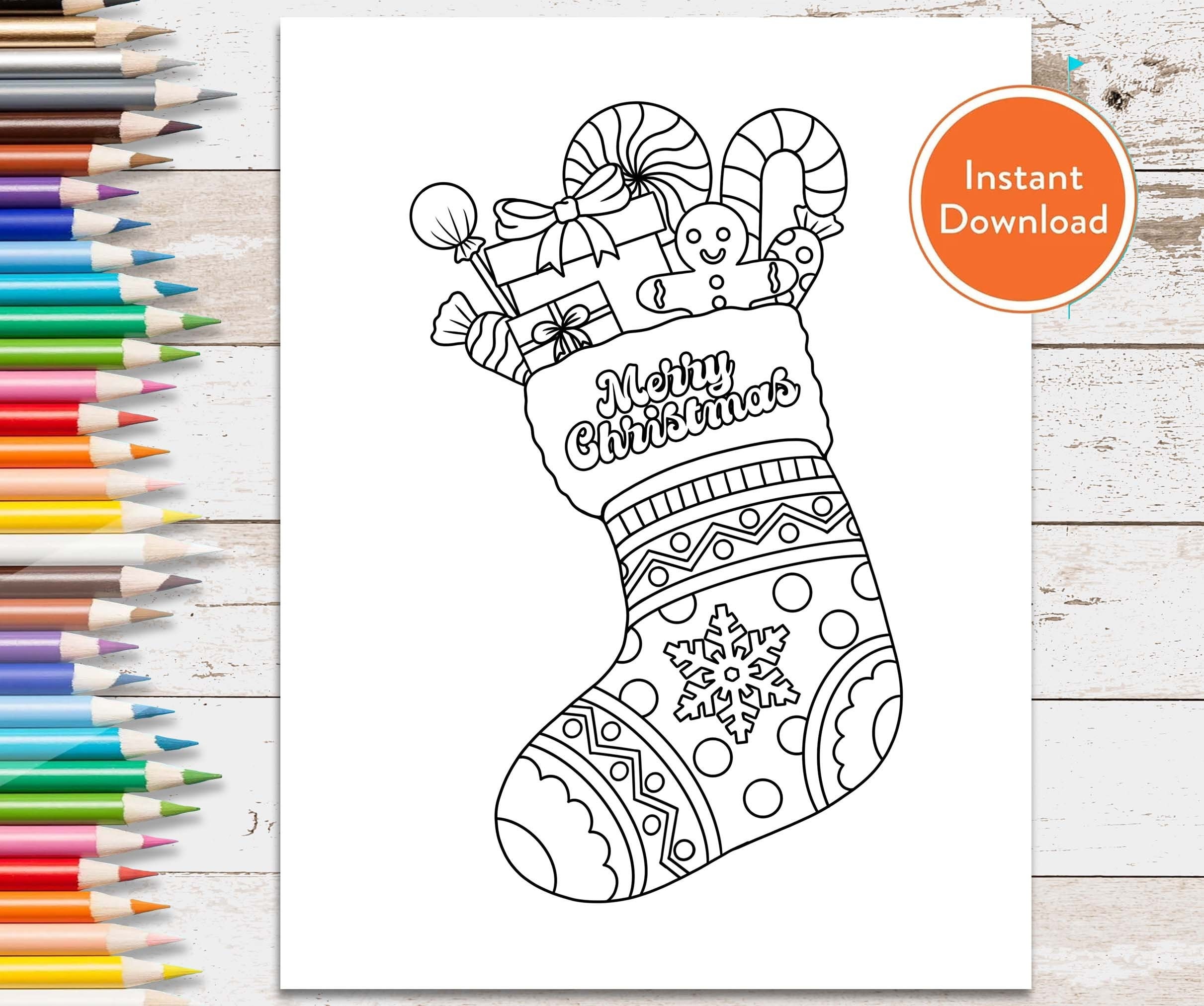 Christmas stocking coloring page for adults and kids instant download