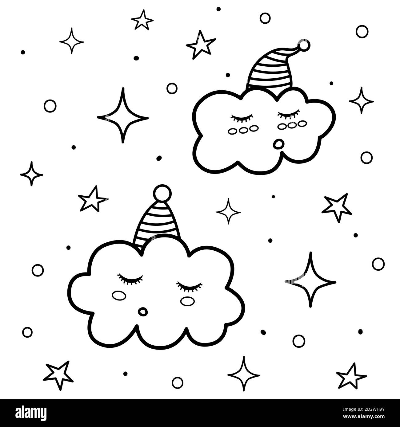 Cute sleeping clouds coloring page black and white print with funny characters stock vector image art