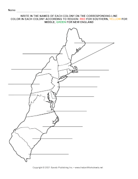 Thirteen colonies coloring map