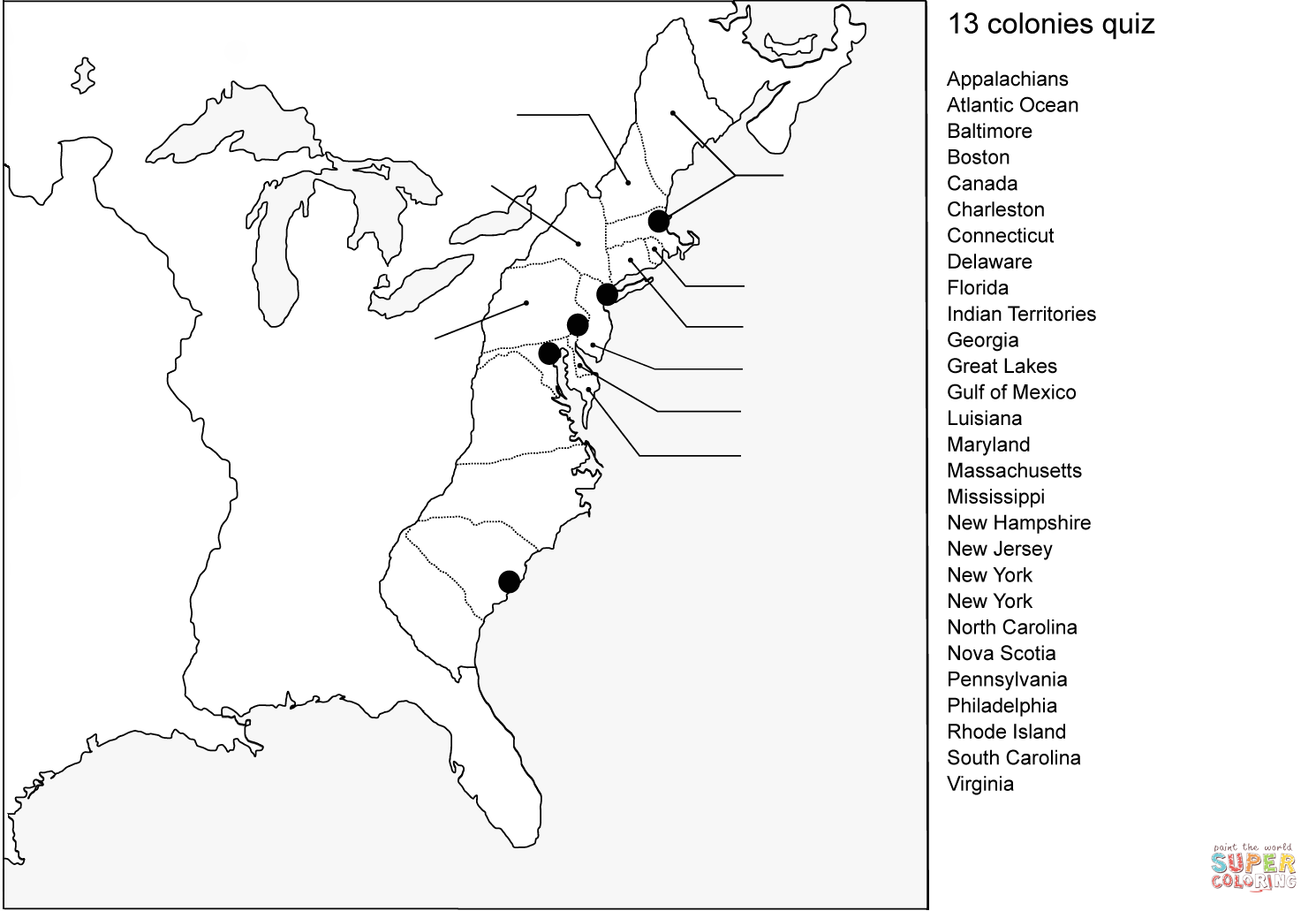 Colonies map quiz coloring page free printable coloring pages