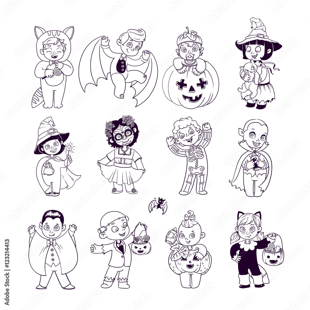 Kids in halloween costumes halloween coloring book illustration for children vector cartoon characters isolated on white background vector