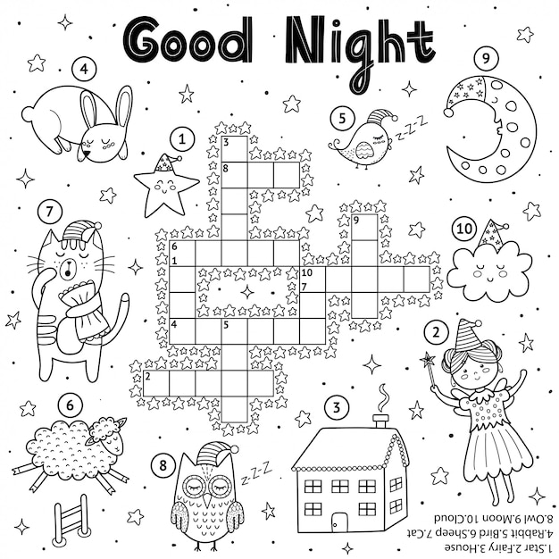 Premium vector black and white crossword game for kids good night theme coloring page