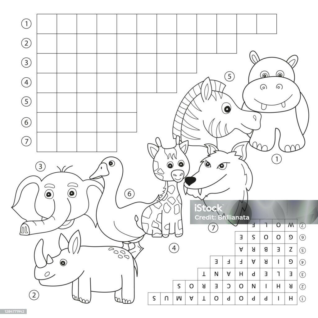 Crossword coloring book page education game for children about animals stock illustration