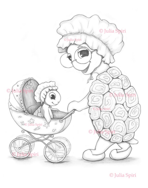 Coloring page digital stamp digi grandmother baby carriage whimsy crafting scrapbooking black white turtle grandma with grandchild