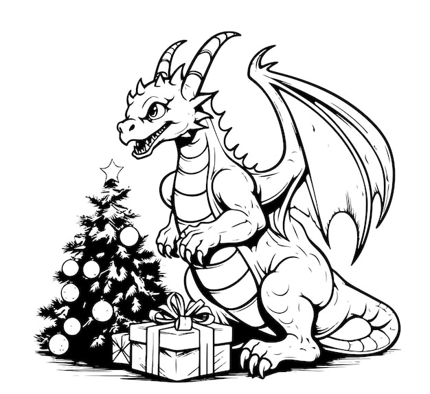 Premium vector symbol of dragon year coloring page of cute baby dragon with gifts and christmas tree