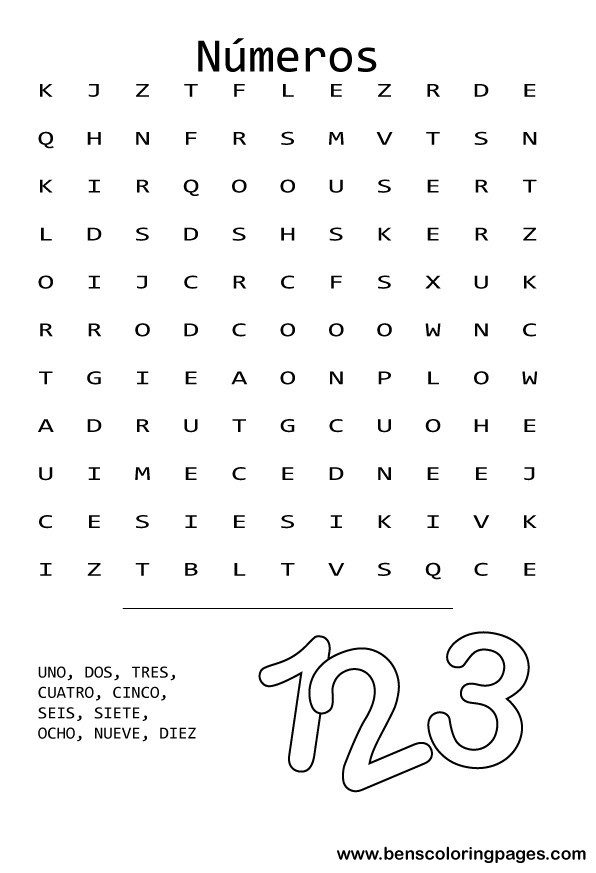 The numbers word search in spanish