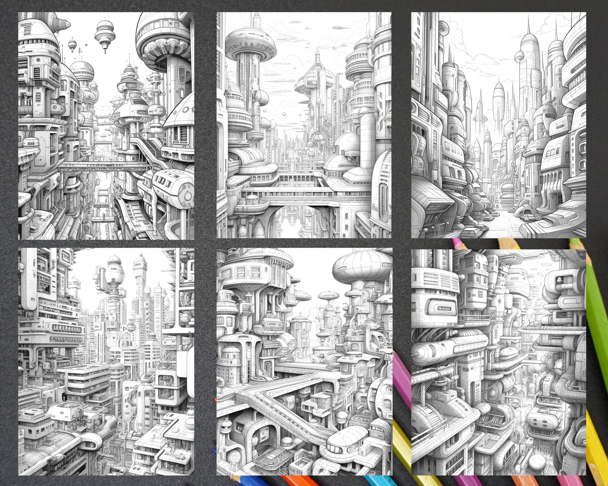 Futuristic metropolis grayscale coloring pages printable for adults â coloring