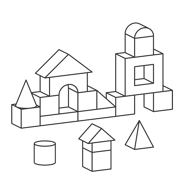 Premium vector line style blocks toy tower for coloring book bricks childrens building construction castle house