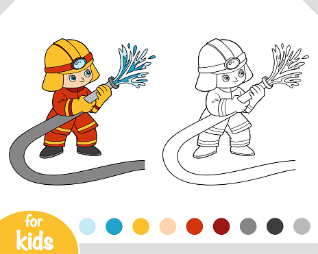 Coloring book firefighter using fire hose stock illustration