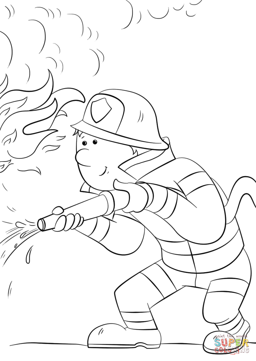 Cartoon firefighter sprays a fire hose coloring page free printable coloring pages