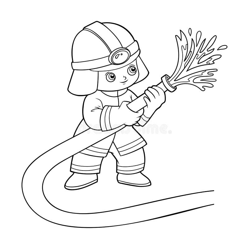 Coloring book firefighter using fire hose stock vector