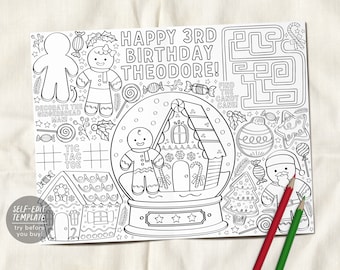 Gingerbread house decorating party birthday coloring page placemat editable template holiday kids favors party activity favors printable