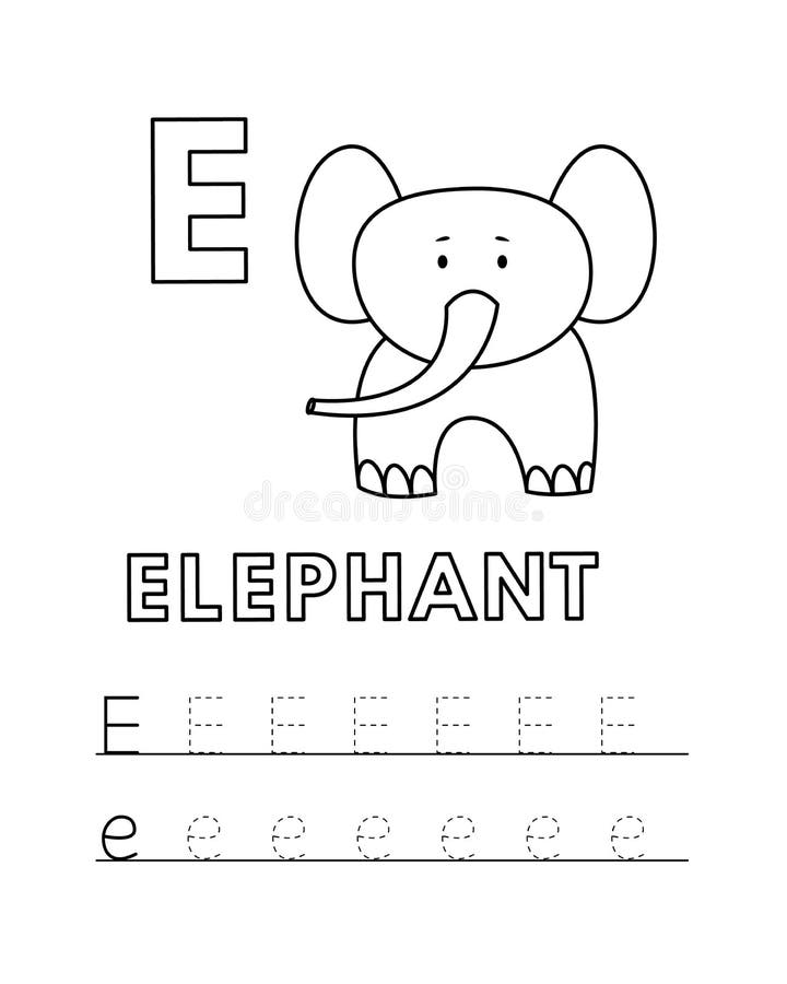 Vector cute cartoon animals alphabet and tracing practice letter e elephant coloring pages stock vector