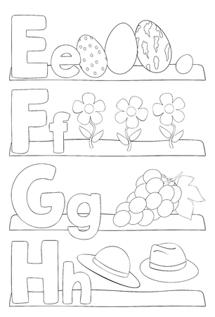 Alphabet education coloring page for kids learning alphabet letters letters e f g h vector illustration royalty free svg cliparts vectors and stock illustration image