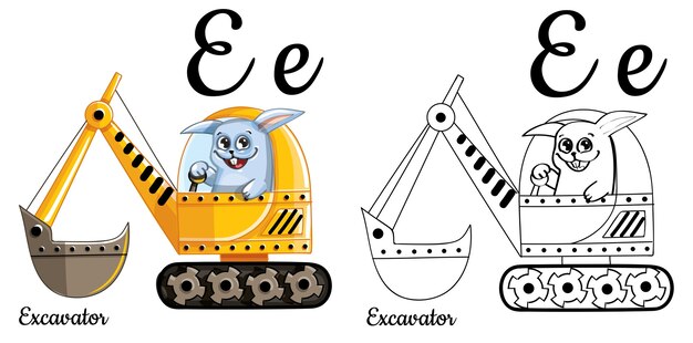 Premium vector alphabet letter e for children education with funny cartoon excavator and bunny isolated learn to read coloring page