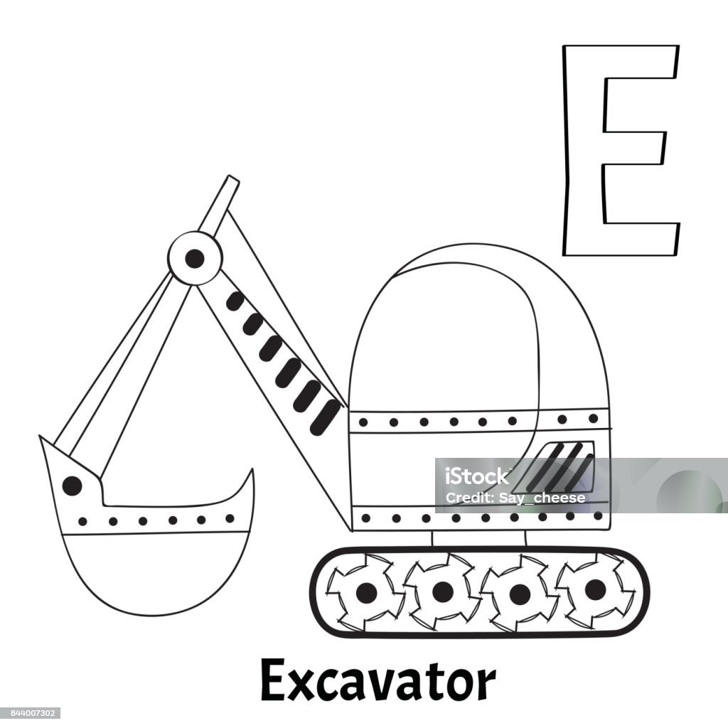 Vector alphabet letter e coloring page excavator stock illustration