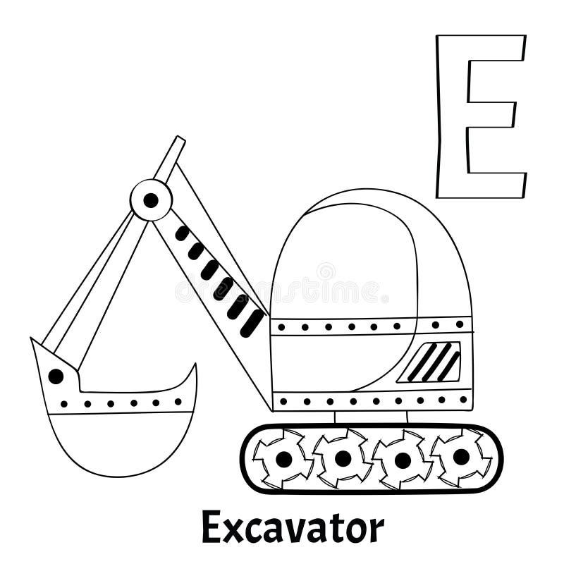 Vector alphabet letter e coloring page excavator stock vector