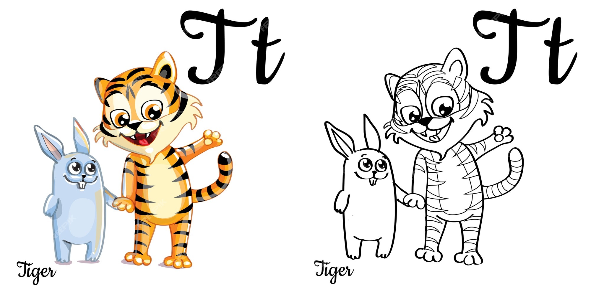 Premium vector alphabet letter t for children education with funny cartoon tiger and bunny isolated learn to read coloring page