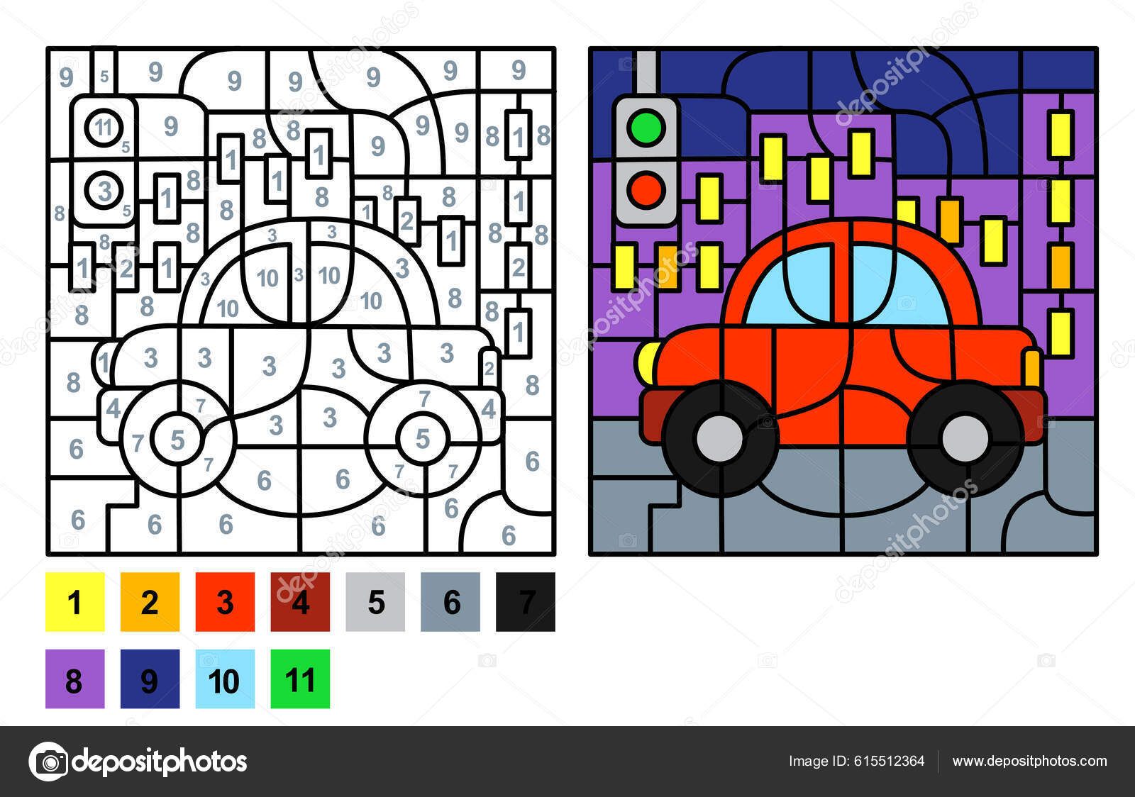 Puzzle game color number car vector coloring page children education stock vector by natasha