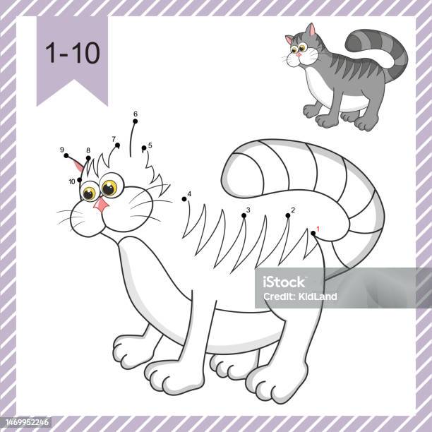 Connect the dots by numbers to draw the kitten dot to dot education game and coloring page with cartoon cute cat character logic games with answer education card for kids learning counting