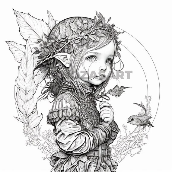 Grayscale little girl elf coloring page printable coloring book page grayscale coloring pages for kids and adults ai generated image