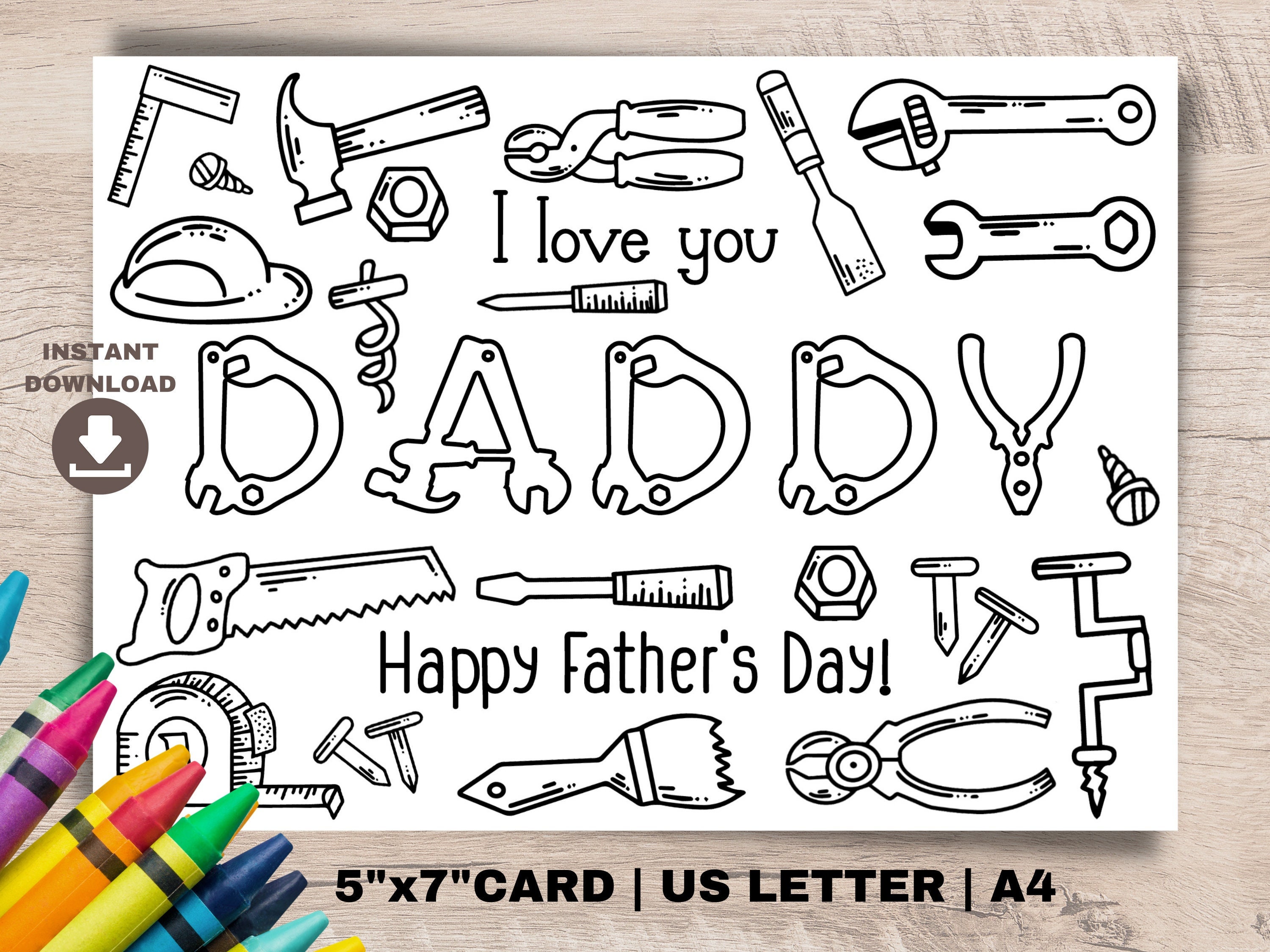 Kids fathers day coloring card for daddy with funny hand tools instant download fathers day diy card classroom coloring page for dad