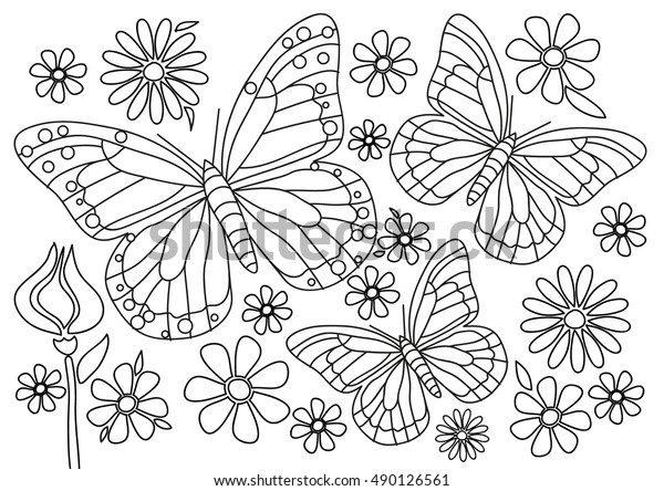 Coloring page butterflies flowers stock vector royalty free