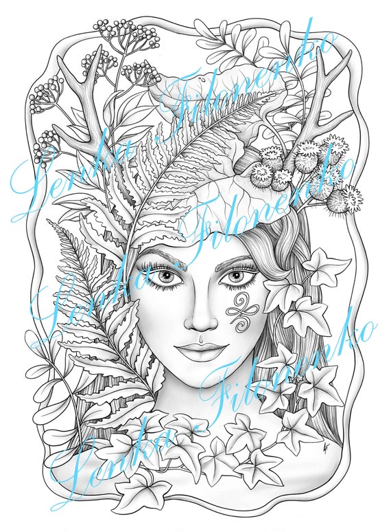 Coloring page for adults forest elf witch grey scale pdf download and print