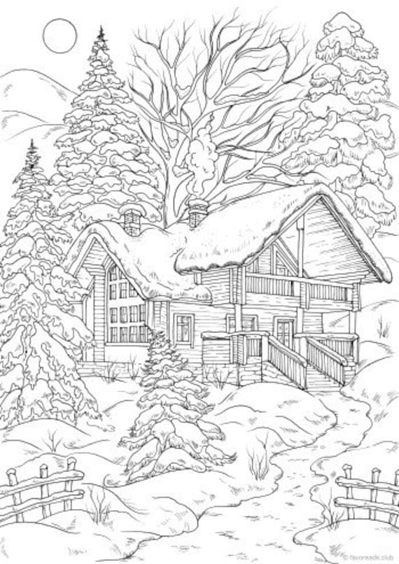 Winter house printable adult coloring page from favoreads coloring book pages for adults and kids coloring sheets colouring designs