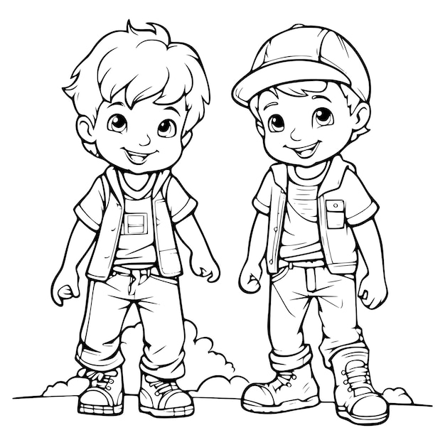 Premium vector cheerful little boys coloring page for kids