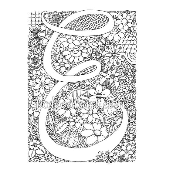 Instant digital download adult coloring page letter e download now