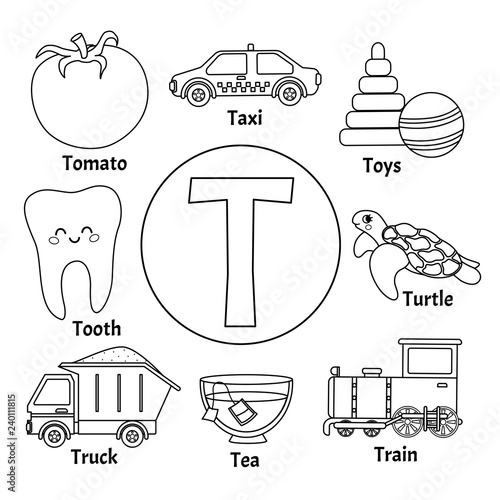 Vector cute kids animal alphabet letter t set of cute cartoon illustrations coloring page vector