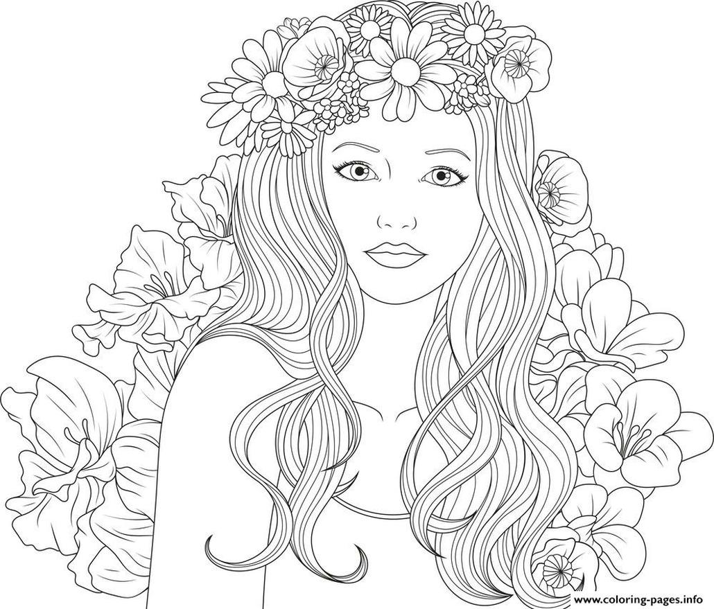 Get this coloring pages for teenage girl easy young girl with flower crown